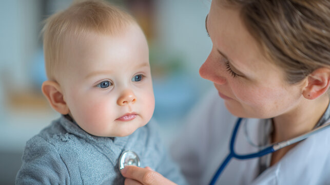 A doctor examining a baby with a stethoscope in a medical setting during a routine check up visit