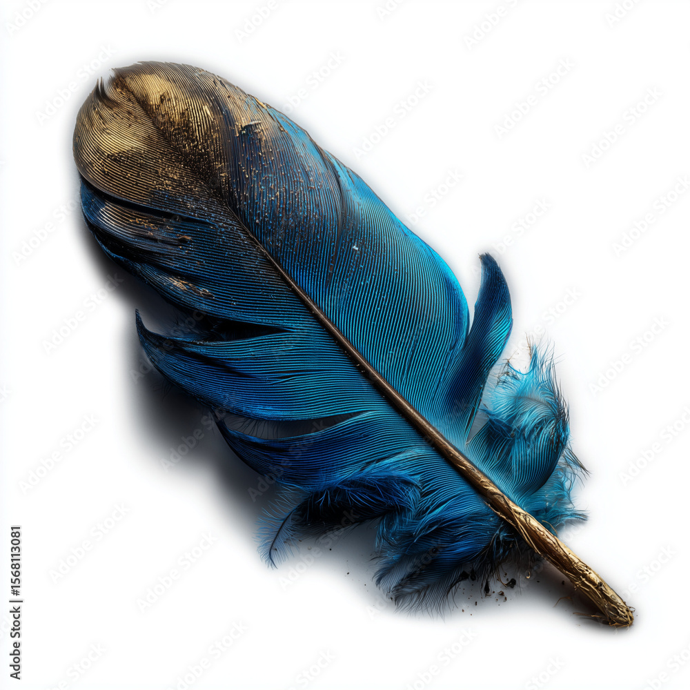 Poster a close up of a vibrant blue feather with a golden tip resting on a plain white background surface