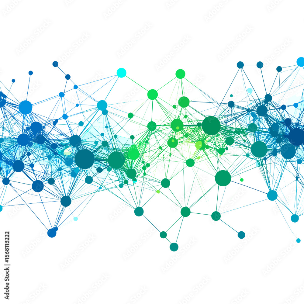 Poster abstract network of connected dots and lines in blue and green on white background represents global