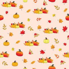autumn seamless pattern with pumpkins, autumn leaves and berries