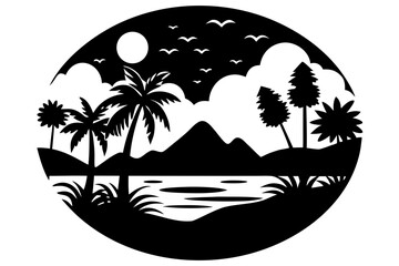 Vector art of silhouette of  tropical landscape  with palm trees, a  sea, distant mountains, birds flying, and a bright moon