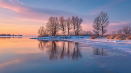 Serene Winter Landscape with Frozen Lake &ndash; Bare Trees and Pastel Sunrise Sky &ndash; Snow-Covered Ground with Golden Sunlight