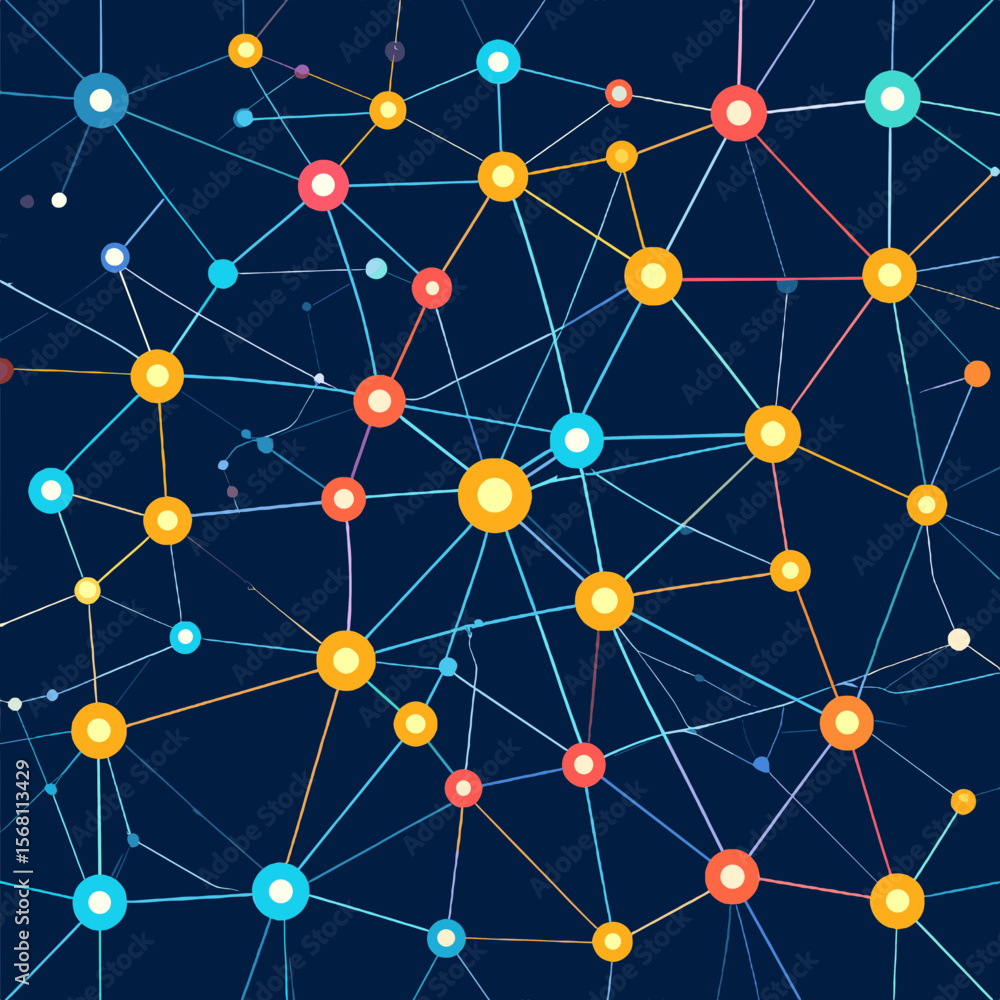 Aufkleber abstract network of interconnected nodes and lines with orange and blue color on dark blue backgroun