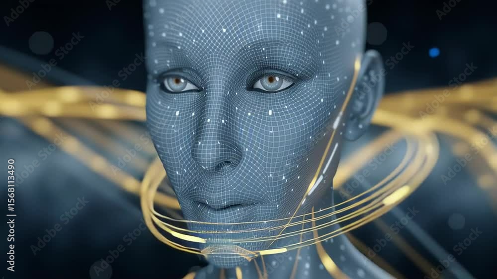 Poster futuristic humanoid figure with a digital mesh face, surrounded by flowing golden lines and abstract