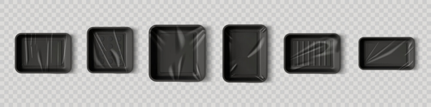 Food package. Plastic meat tray. Frozen meal 3D pack box or ready vegetables black container. Vacuum fish disposable wrapper. Clear polythene cover. Vector packaging empty mockups set