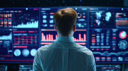 A man analyzes multiple digital data dashboards displaying charts and graphs, immersed in a high-tech control room environment.