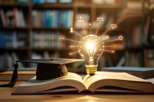 Open book on wooden desk with glowing lightbulb wearing graduation cap, digital education icons floating, soft blue background, concept of AI learning and digital transformation