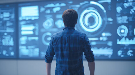 A man in a plaid shirt faces a large digital interface filled with futuristic graphs, charts, and data visualizations in a high-tech environment.