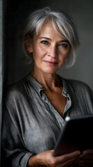 Senior woman using tablet for online business in soft lighting