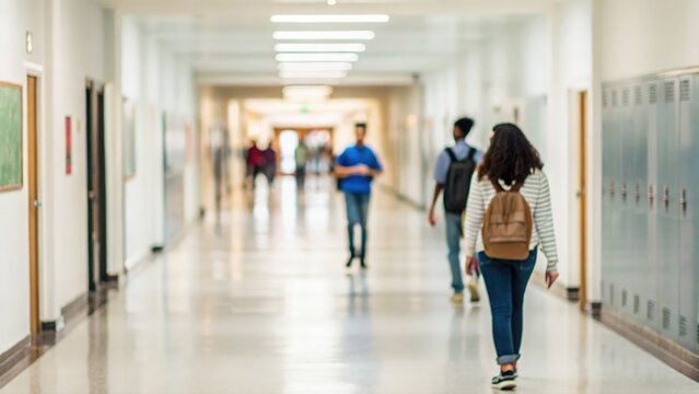 Defocused college hallway with Indian students walking between classes and exam rooms
