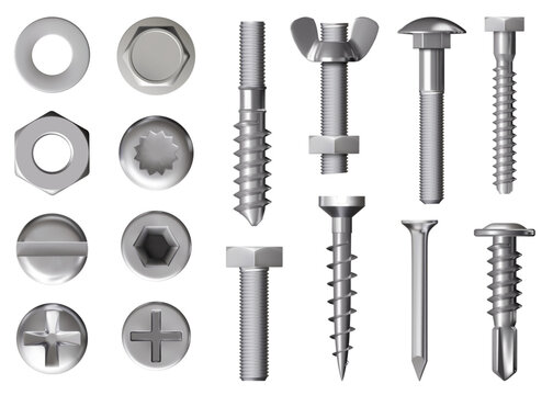 Steel rivet. Nut screw. Nail bolt head or 3d iron pin. Stainless tool types. Realistic metal washer cap. Allen construction. Hexagon fastening. Hardware assortment. Vector fasteners set