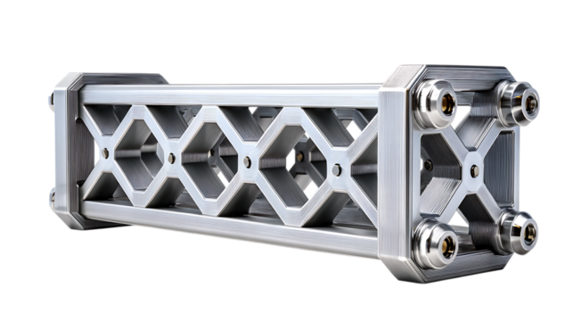 Detailed metallic structural component with intricate geometric lattice design isolated on transparent background