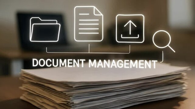 A thick paper stack rests under glowing icons of folder, page, upload and search. Concept of digital document management.