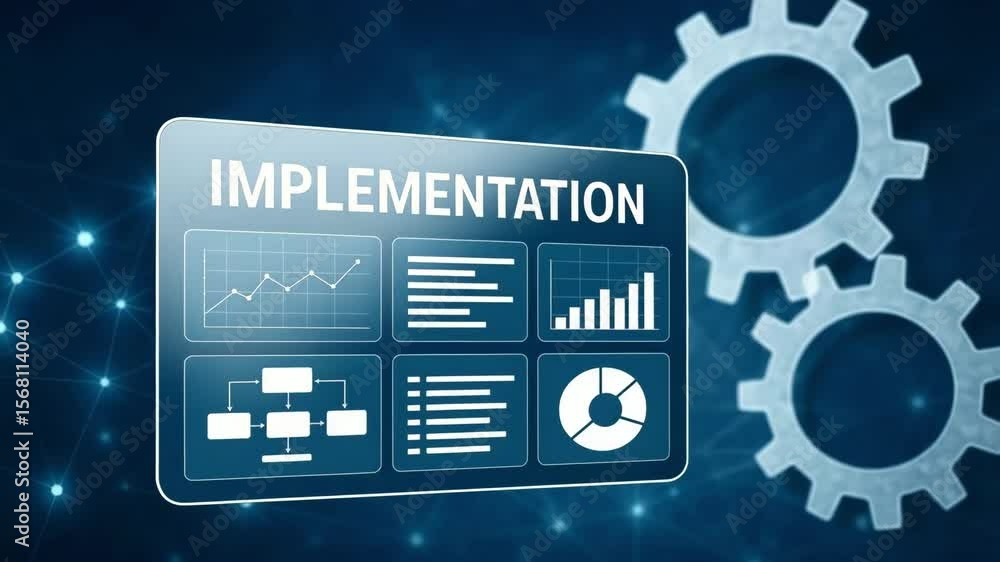 Poster a luminous dashboard titled implementation shows charts, tasks and flow diagrams beside network gear