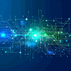 Abstract Technology Network with Green and Blue Lines and Glowing Dots on Dark Blue Background