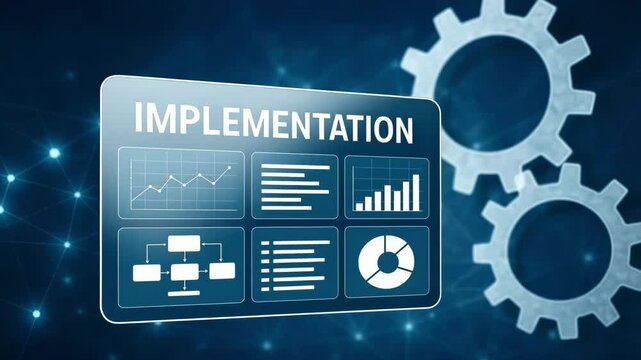 A luminous dashboard titled implementation shows charts, tasks and flow diagrams beside network gears. Concept of project rollout management.

