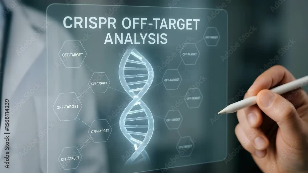 Poster a scientist’s stylus points at a holographic helix surrounded by off-target labels. concept of crisp