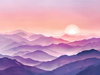 Soft pastel-colored sunrise casting golden pink and lavender hues over a layered misty mountain range, minimal atmospheric landscape.