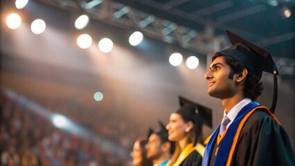 Defocused university event showcasing Indian student leaders on stage
