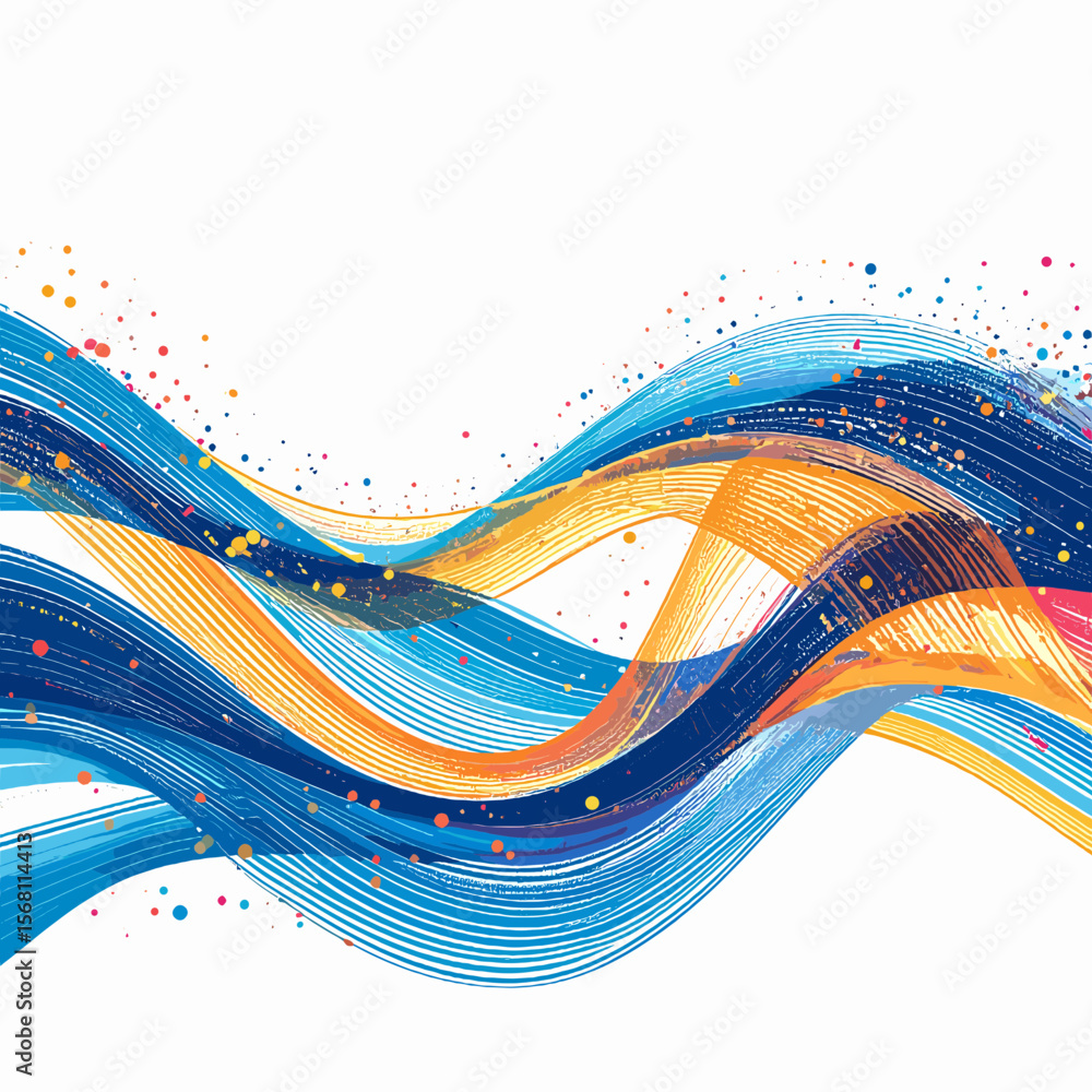 Poster abstract wavy lines in blue and orange with dynamic design on white background