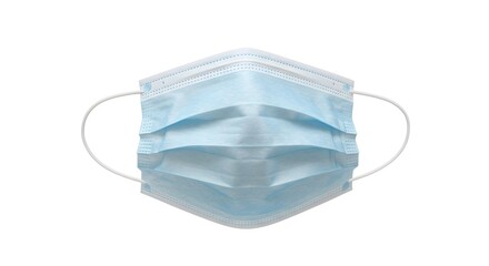 A light blue disposable face mask, folded, with elastic ear loops, isolated on a white background.