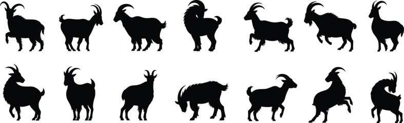 Goat silhouette vector collection, different standing walking poses, farm animal side view, black graphic illustration, livestock icon design set flat vector illustration