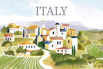 Fototapeta premium Italian village. Tuscany vineyard in Italy. Tuscan watercolor drawing landscape. Winery rural field. Summer travel. Scenic hills. Countryside house buildings. Vector color cityscape sketch