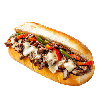 Delicious philly cheesesteak sandwich with melted cheese and peppers isolated on transparent background