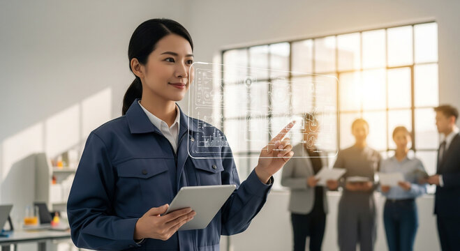 Female Engineer Interacting with Augmented Reality Blueprint