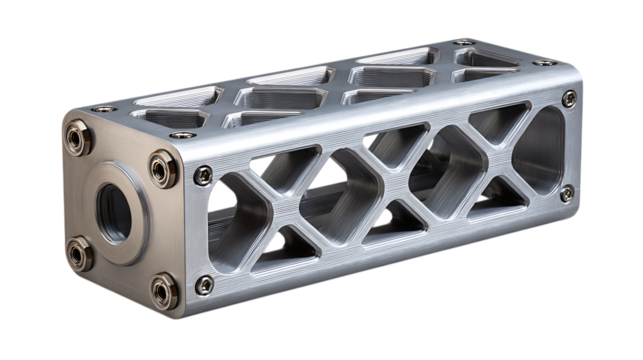 Precision machined aluminum component with hexagonal cutouts and threaded end isolated on transparent background - Powered by Adobe