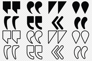 Set of quote mark, quotes icon, sign, symbol, emblem. Ditto marks icon set. Quotation marks. Dialogue discussion symbol for UI UX, website, mobile app.