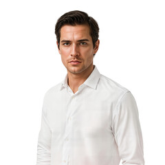 Confident young man in a white collared shirt on isolated transparent background