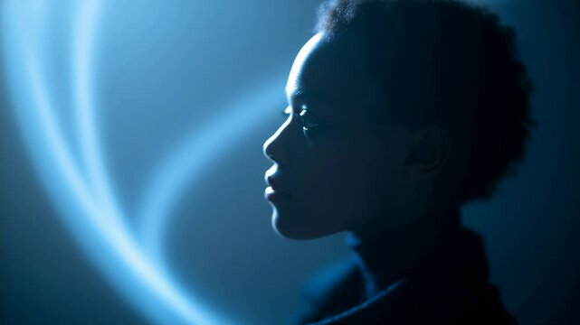 Thoughtful confident mentally healthy african american woman standing in abstract light background