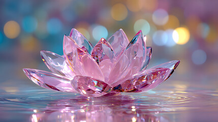 3D rendering of a pink lotus flower made from glass on a water surface with a bokeh background. Shiny and transparent crystal petals in a pastel color