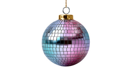 Fototapeta premium A shimmering disco ball with a gold cap and chain hangs isolated on a transparent background isolated on transparent background