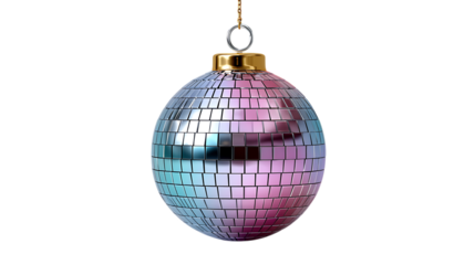 A shimmering disco ball with a gold cap and chain hangs isolated on a transparent background isolated on transparent background