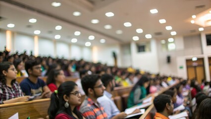 Blurred lecture hall filled with Indian students attending university orientation event
