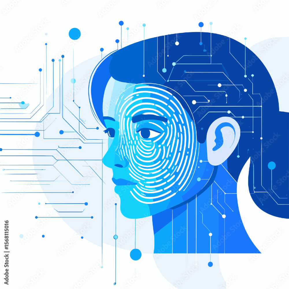 Poster biometric scan of woman face with futuristic blue digital network and circuit connections for securi