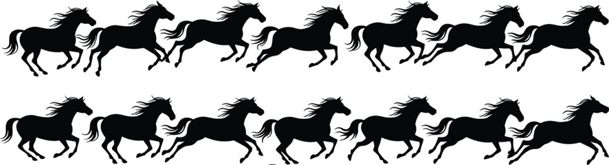 Galloping horse silhouette collection, wild running horses, equine motion graphic, black vector illustration, animal silhouette, horse animation frame set flat vector illustration