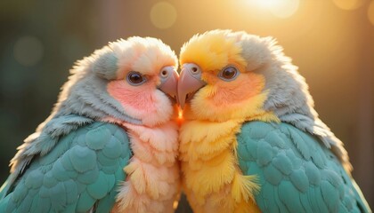 Fototapeta premium Two colorful fluffy lovebirds cuddling closely in warm sunset light against a forest background