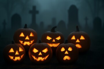 Fototapeta premium Spooky Jackolanterns Glow Brightly in a Misty Graveyard Night