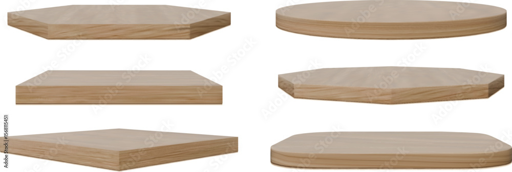 Poster wooden podium set. realistic minimalist empty pedestal different forms. 3d round square stage for pr