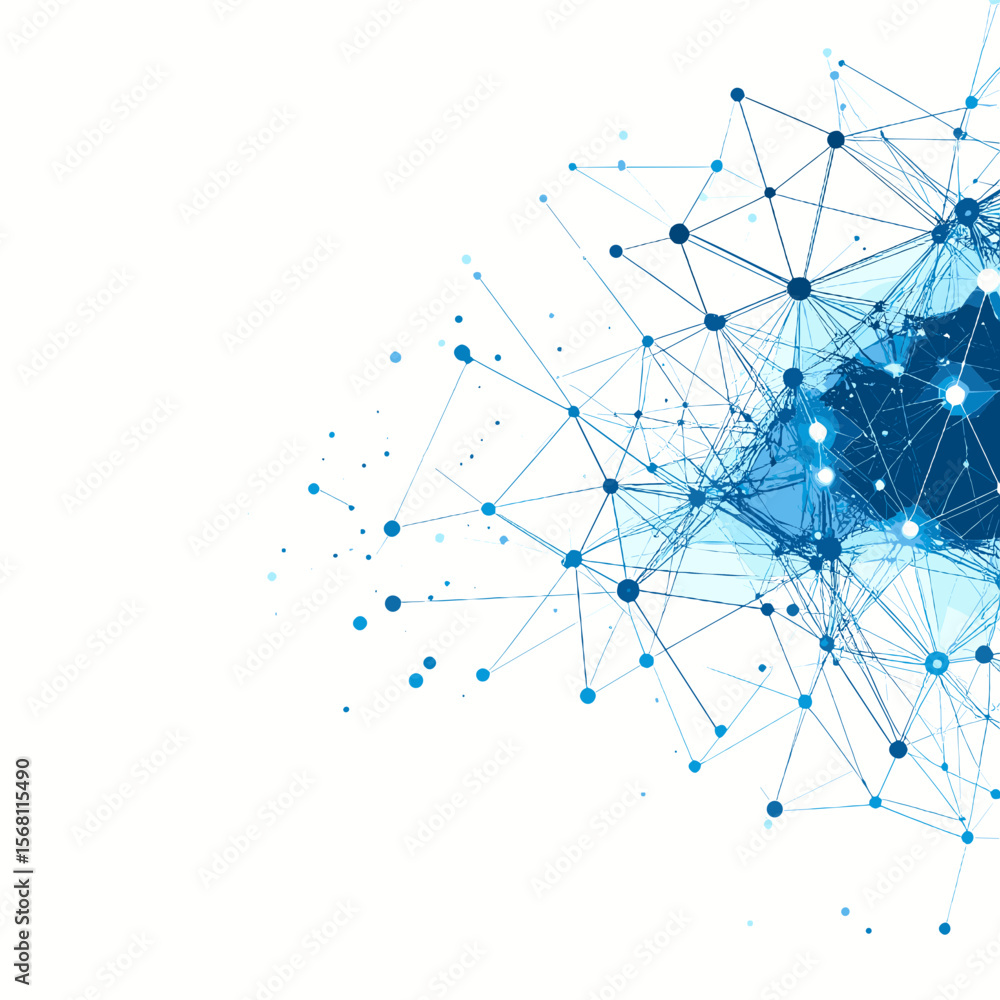 Poster blue network connectivity background with abstract lines dots and shapes on white backdrop for moder