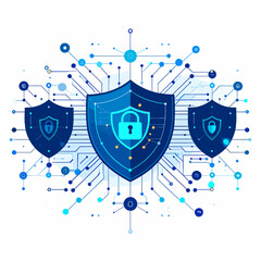 Blue Shields with Padlocks on White Background Representing Cyber Security and Network Protection with Abstract Technological Elements