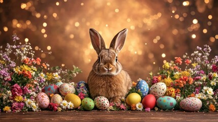 Easter Bunny with Eggs and Flowers