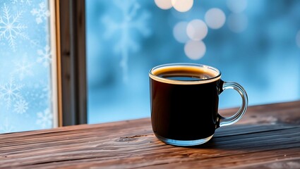 Obraz premium Cozy Mug of Coffee on Wooden Surface with Frosty Window and Soft Blue Winter Bokeh in Background – Hygge-Inspired Warm Beverage Scene for Seasonal Lifestyle and Comfort