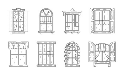 Open window. Home outline glass shutters with curtains. Line doodle draw. Architecture windowsill. White door or vintage art border. Double casement frame. Vector sketch windowpanes set