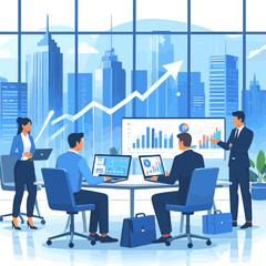 Business Meeting with Team in Modern Office with City View Financial Data Charts and Graphs Presentation Professional Attire in Blue and White Tones
