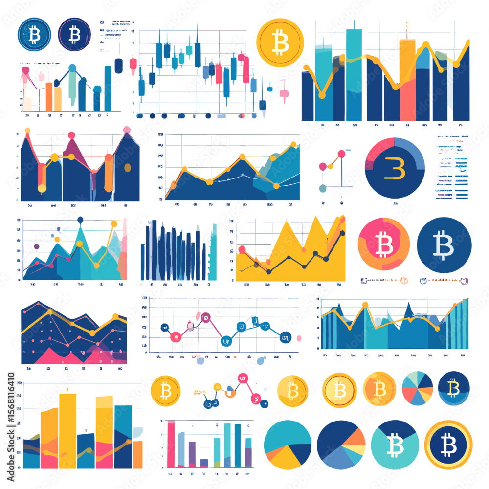 Poster collection of financial charts and graphs with data analysis symbols and coin icons for market analy