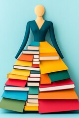 Artistic fashion croquis of a female figure dressed in a conceptual outfit made of notebooks and pencils, academic and surreal back-to-school couture illustration, minimal line art, blue background